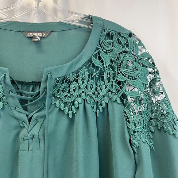Express Women’s Crochet Tie Up Neck Top Green Size Small Long Sleeve - Picture 3 of 7